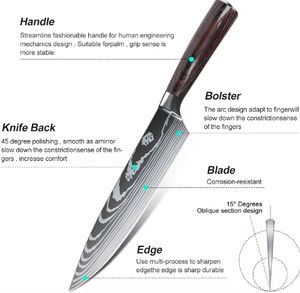 Juego de cuchillos de chef de cocina con patrón láser de acero de Damasco de 8 pulgadas, 8 piezas, <span class=keywords><strong>cuchillo</strong></span> de acero de Damasco forjado hecho a mano - Product Image 3