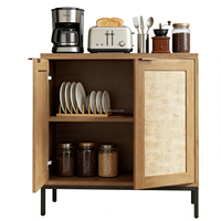 Buffet en bois moderne avec portes décorées en chêne et rotin, étagères réglables, meuble de rangement, bar à café, armoire de cuisine