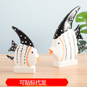 Wooden Striped Tropical Fish Ornament Mediterranean Style 2Pcs Living Room <b>Decor</b> - Product Image 5