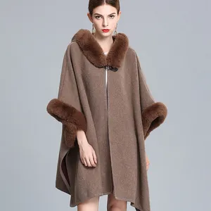 CX-F-S-07A Mùa Đông Mặc Polyester Len Cashmere Khăn Choàng Với Faux Fur Trim Phụ Nữ Knit Poncho