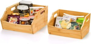 SINCERE 2 Pack Bamboo Countertop <strong>Storage</strong> <strong>Bins</strong> Open Front 2-Tier Stacking Organize Basket <strong>Box</strong> Handle Food Fruit Kitchen <strong>Storage</strong> - Product Image 5