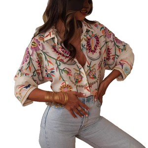 Chemise à imprimé floral bohème pour femmes, style vintage brodé, manches longues, <span class=keywords><strong>chemisier</strong></span> de vacances - Product Image 2