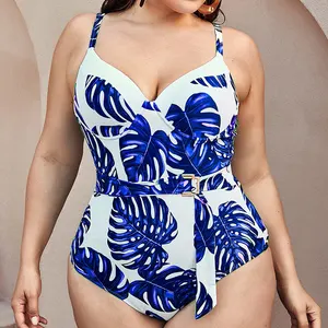 Custom New Gathering Sexy Print Plus Size One Piece Beachwear Bandeau High Slit With Belt Swimsuit Women Push Up Swimwear