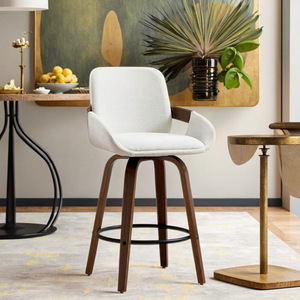 Modern 360 Degree <strong>Swivel</strong> <strong>Bar</strong> <strong>Stool</strong> with Beige Upholstery and Wood Frame for Home Kitchen Commercial Use Mid Century Design - Product Image 3