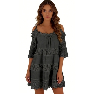 Robe courte à épaules dénudées pour femmes avec dentelle - Robes décontractées à manches courtes et à volants, tendance - Product Image 2