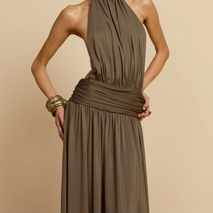 Halter O cou sans manches femmes élégante jupe minceur coupe Maxi longue robe - Product Image 4
