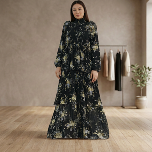 Robe longue Abaya musulmane traditionnelle modeste en mousseline à imprimé floral, à manches longues et volants, respirante, pour fête, décontractée, été - Product Image 1