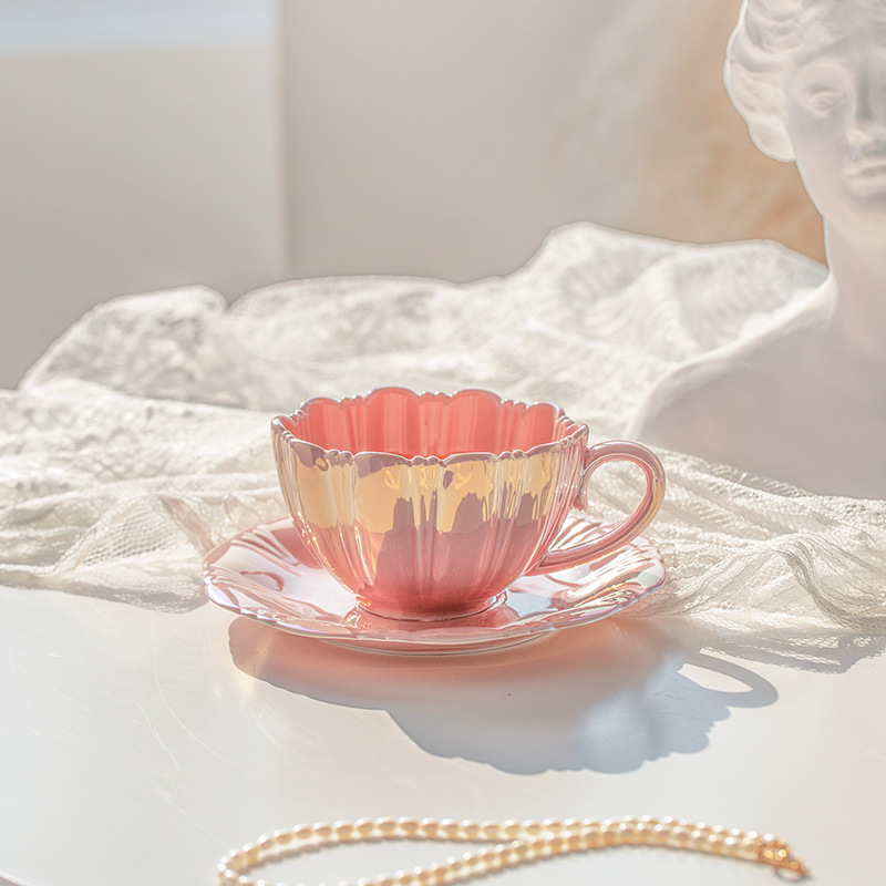 Tazza di caffè in ceramica, Pearl Shell Tazza di caffè con piattino, Tazza di tè e piattino Gift Set, Tazze di latte bianco e tazza espresso per bevande di caffè speciali, Latte, Caffè Mocha,B