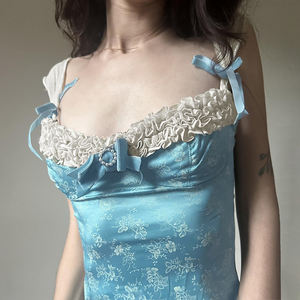 Débardeur en maille à col carré imprimé floral bleu avec nœud en dentelle, coupe ajustée, style jeune et mignon - Product Image 4