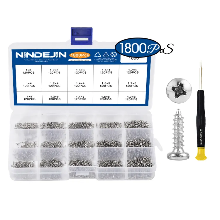 1800PCS M1 M1.2 M1.4 M1.5 Micro Glasses Phone Screws Set Pan Round Head Tapping Screw Phillips Electric Mini Screw Kit