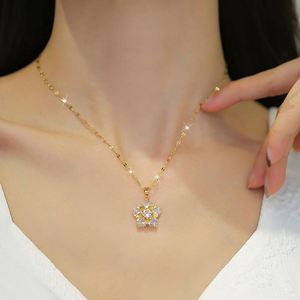 Stainless Steel Jewelry Set Non Fade Shiny Zircon Flowers Charm Pendant Necklace Earring for Women Clavicle <b>Chain</b> Choker Jewelry - Product Image 2