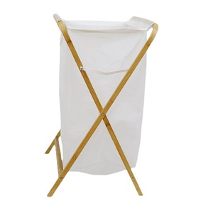 Stylish bamboo and fabric laundry <b>basket</b> for home use, suitable for bedroom and living room. <b>Foldable</b> and detachable. - Product Image 3