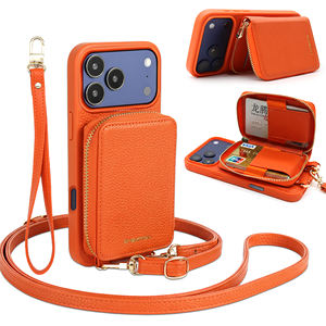 Étui de téléphone de luxe en cuir PU imperméable avec porte-cartes RFID magnétique et chargement sans fil, avec bandoulière, pour la vente en gros - Product Image 1