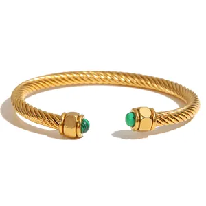 Personality 18K Gold Natural Stone Malachite Tiger Eye Stainless Steel Opening Twisted Bracelet