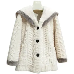 Lady 100% Wool Fur Navy Collar Coats Female Girl Sheep Shearling Elegant Winter Jacket Overcoat JT3129