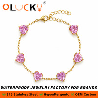 Fabricant de bijoux personnalisés LUCKYJIU, bracelet en acier inoxydable plaqué or 18 carats, étanche, délicat, en forme de cœur, avec CZ rose pour femmes