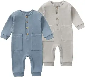 Newborn Organic Cotton Romper for Baby Boy and Girl Infant Long Sleeve Knit Footless Outfits Button Solid Design Clothes