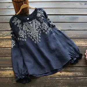 Cotton/linen Ethnic Style Embroidered Round Neck Elastic Cuffs Women's Loose Fashion Shirt/blouse