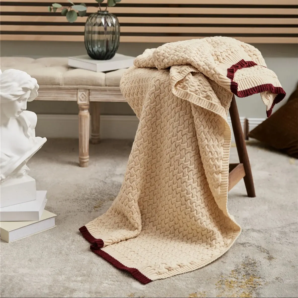 Wniter Warm Merino Wool Blend Red Beige Gary Soft Cable Knit Throw Blanket Crochet Knitted Blanket Sofá Decoración del hogar