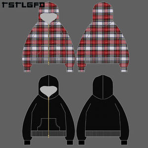 Fabricants personnalisé double couche réversible fermeture éclair à carreaux recadrée Boxy double flanelle double face à capuche fermeture éclair pour hommes - Product Image 4