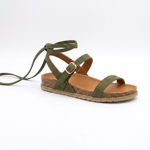 Sandales plates Dlords en daim vert olive à bride cheville, fermeture à boucle, bout carré, décontractées, respirantes, toutes saisons, espadrilles en liège - Product Image 1