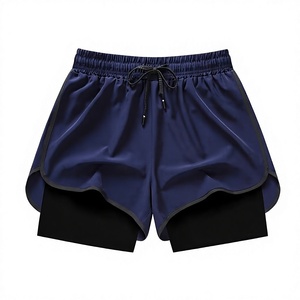 Custom Logo Men's Navy Blue Running Shorts With Black Inner <b>Layer</b> Drawstring Waist Sporty Style Quick Dry Fabric Short Length - Product Image 1