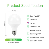 Ampoule LED globe personnalisable 13W E27 1400lm 160 °   Beam CRI80+ 100-265V Directement de l'usine