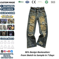 Jean droit vintage délavé personnalisé pour homme, en denim tricoté, délavé, multi-déchiré, effiloché, déstructuré, avec braguette multi-boutons et œillets