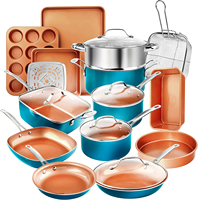 Batterie de cuisine antiadhésive professionnelle de 20 pièces avec poignées robustes en acier inoxydable et aluminium, couleurs personnalisées et vente en gros OEM