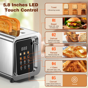 <span class=keywords><strong>Grille</strong></span>-<span class=keywords><strong>pain</strong></span> électrique 2 fentes en acier inoxydable avec écran tactile intelligent et affichage numérique, puissance 1100W, 6 niveaux de dorure, pour usage domestique et hôtelier - Product Image 2
