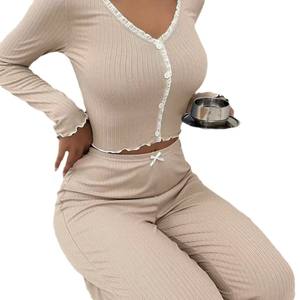 <span class=keywords><strong>Ensemble</strong></span> de pyjama pour femmes, respirant, côtelé, hiver, automne, taille élastique, manches longues, deux pièces, confortable, <span class=keywords><strong>ensemble</strong></span> de <span class=keywords><strong>survêtement</strong></span> - Product Image 3