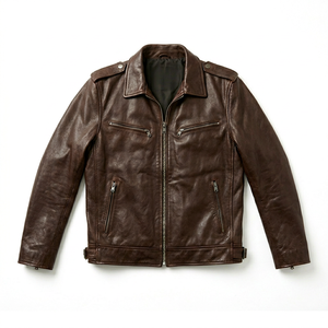 Brown Genuine Leather Men's Motorcycle Jacket Zipper <b>Stand</b> Embroidery Front Breathable Cotton Lining Windproof Waterproof Spring - Product Image 1