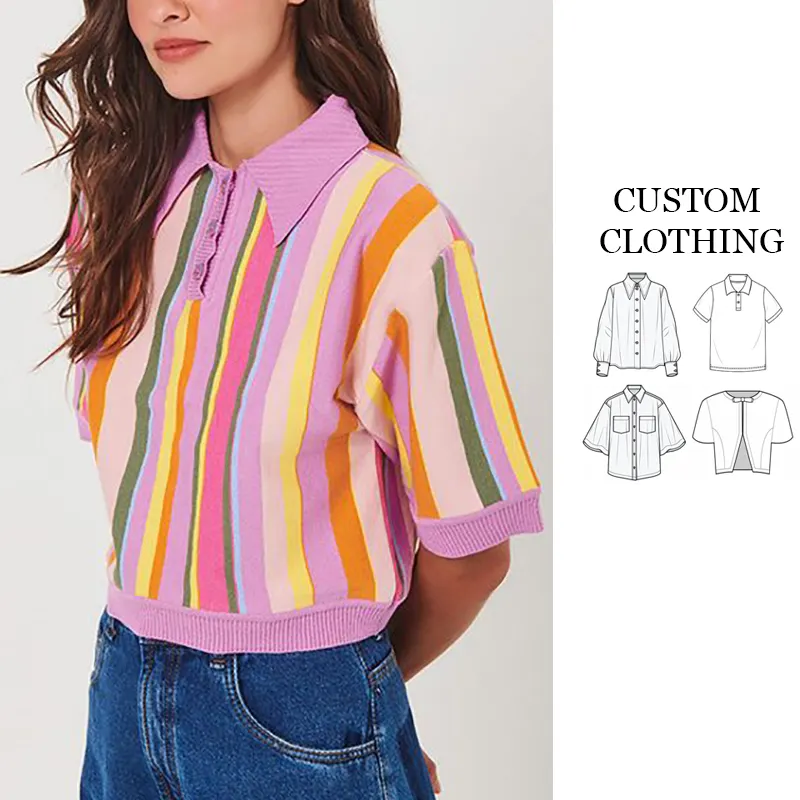 Chemise femme produttore di abbigliamento OEM Custom Y2K TShirt Multicolor Rainbow-Striped Shirt donna