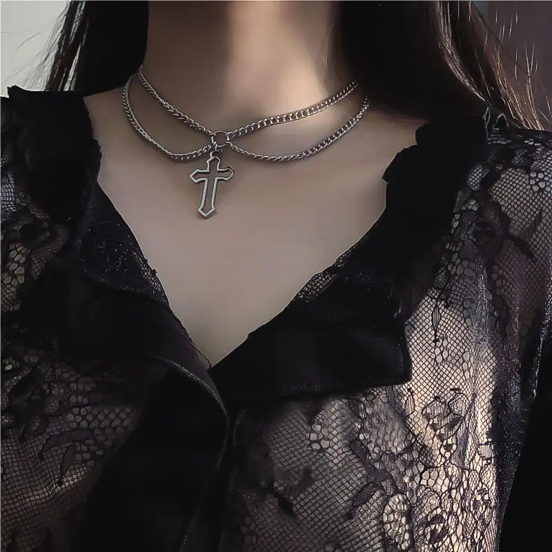 Vintage Dark Gothic Hollow Cross Pendant Chain Necklace for Women Stainless Steel Layers Chain Necklace Punk Style Chain