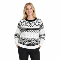 Pull-over en tricot acrylique à col rond et manches dolman géométriques noir et blanc pour femme avec logo personnalisé, tendance automne-hiver chic