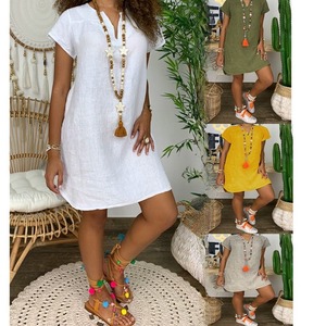 Robes en <span class=keywords><strong>coton</strong></span> et <span class=keywords><strong>lin</strong></span> pour femmes, robes décontractées d'été, manches courtes, col en V, mini <span class=keywords><strong>robe</strong></span> vintage, robes <span class=keywords><strong>de</strong></span> <span class=keywords><strong>plage</strong></span> pour femmes, grandes tailles - Product Image 1