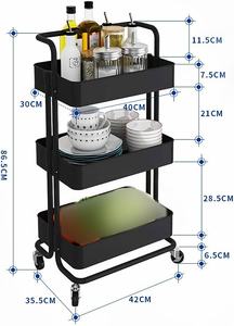 Chariot à roulettes utilitaire en métal à 3 niveaux <span class=keywords><strong>avec</strong></span> dessus de <span class=keywords><strong>table</strong></span> et sacs latéraux, roues d'organisation de stockage de plateau, artisanat d'art 4 crochets pour la cuisine - Product Image 3