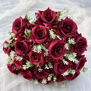 नया डिज़ाइन उच्च गुणवत्ता वाला 18 हेड गुलाब का गुलदस्ता रेशम का फूल लाल शादी की दुल्हन का गुलदस्ता घर का आंतरिक फूलदान DIY सजावट।