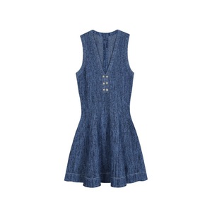 <span class=keywords><strong>Abito</strong></span> Mini in Maglia <span class=keywords><strong>Blu</strong></span> Elegante di Alta Qualità, Senza Maniche, <span class=keywords><strong>Doppiopetto</strong></span>, con Scollo a V Profondo, Modellante, Linea ad A, per Donna - Product Image 1