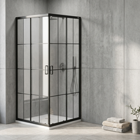 Porte de douche coulissante carrée Hotaqi avec verre trempé, finition noir mat avec cadre, fermeture douce, pierre artificielle pour salle de bain