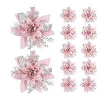 Dekorasi Pohon Natal Bunga Buatan Plastik Poinsettia Perak-Pink Gaya Korea
