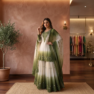 New TENNECY Designer <b>Wedding</b> Party Wear Wrinkle-Free Reversible Georgette Embroidery Thread Work <b>Top</b> Plazzo Dupatta Set Quick - Product Image 1