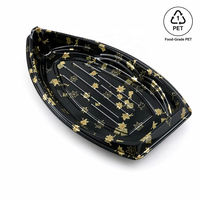 Plateau à sushi jetable noir en PS en forme de bateau avec couvercle transparent anti-buée, empilable, pour vente en gros, conteneur japonais pour sushi à emporter