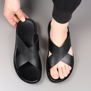 Sandalias de Verano para Hombre, Casuales, de Cuero Genuino, Punta Abierta, Forro Textil, Suela de Goma Antideslizante, Estilo Slip-On - Product Image 2