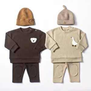 Boys Sweater Suit Beige Colored Wool Material Bear Goose Embroidery Baby Clothes Two-Piece Set Baby Boy Clothes 0-3 Months