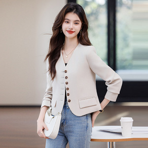 Women's Black Blazer Short Style Solid Color Polyester Wool Blend Spring Autumn Wear - Product Image 4
