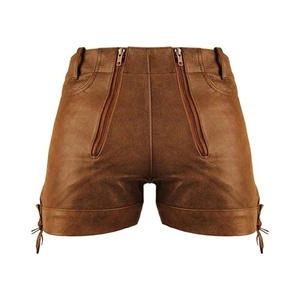 Men's Brown <b>Leather</b> <b>Shorts</b> High-Waist Zipper-Fly Casual Style <b>Short</b> Length Solid-Color With Side <b>Shorts</b> Drawstring-Closure - Product Image 1