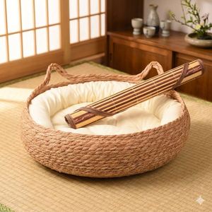 Lit pour chat en paille tressée à la main, panier respirant en rotin pour animaux de compagnie, nid de sommeil frais d'été avec coussin doux amovible - Product Image 2