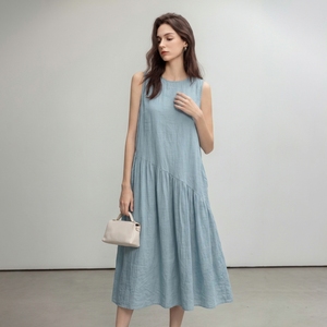 Linen Pleated <b>Patchwork</b> Dress Women Summer Lightweight Loose Round Neck Sleeveless A Line <b>Skirt</b> - Product Image 1