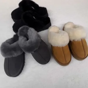 Women Comfy Winter Warm Thick Sole Cow Suede Shearling Cuff Platform Sheepskin Slippers